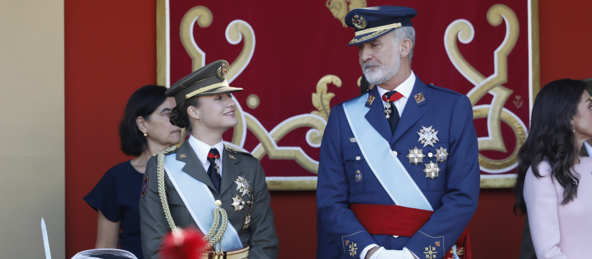Spanish King Felipe VI and Princess Leonor de Borbon attending a military parade during the known as Dia de la Hispanidad, Spain's National Day, in Madrid, on Monday 12, October 2026.
