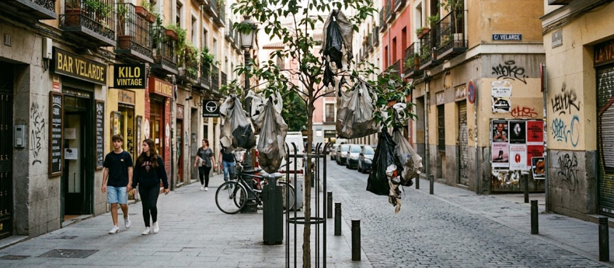 Bolsas de basura colgadas de árboles en Malasaña