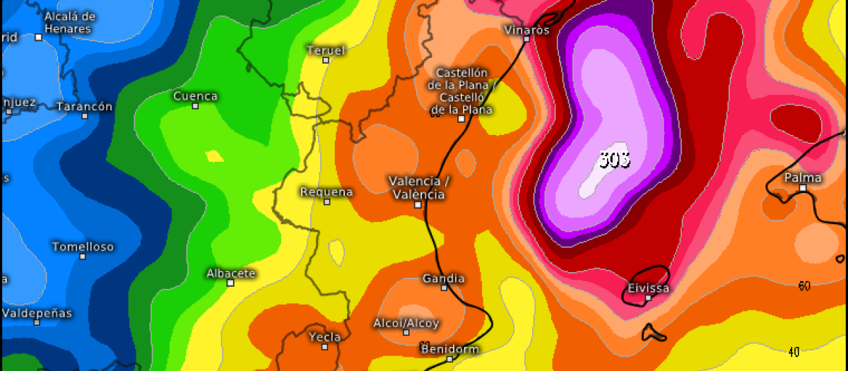 Mapa de previsión de lluvias por el modelo GFS por una dana a partir del 18 de octubre en la Comunidad Valenciana.