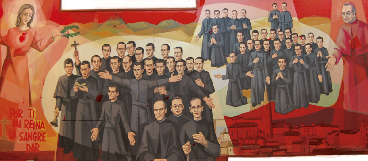 Iimagen representa un mural dedicado a los 51 Mártires Claretianos de Barbastro (Misioneros Hijos del Inmaculado Corazón de María), asesinados en Barbastro (Huesca)