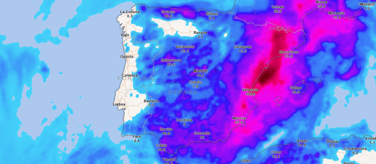 Precipitación acumulada hasta la medianoche del martes