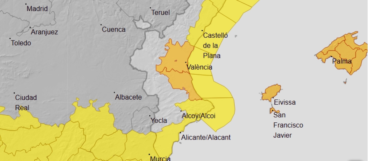 Mapa de la Comunidad Valenciana con las alertas de este lunes 19 de octubre