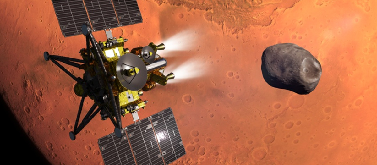 Representación artística de la sonda espacial MMX durante su inserción en la órbita de Marte