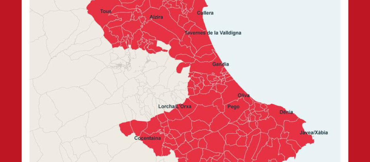 Mapa con los municipios confinados por las inundaciones de la dana Adam en Valencia y Alicante.