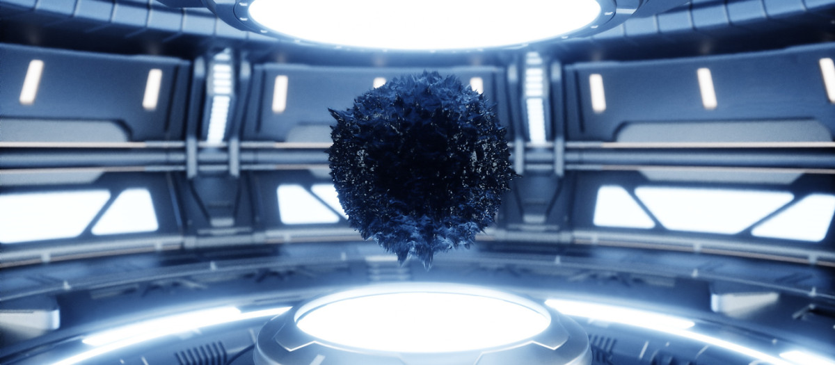 Antimateria negra en la sala de metal futurista de ciencia ficción