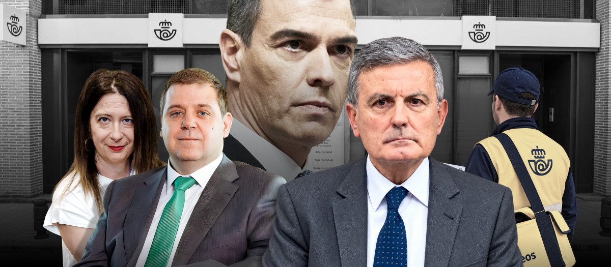 Montaje de Pedro Saura, Juan Manuel Serrano, Leire Díez, Pedro Sánchez y correos