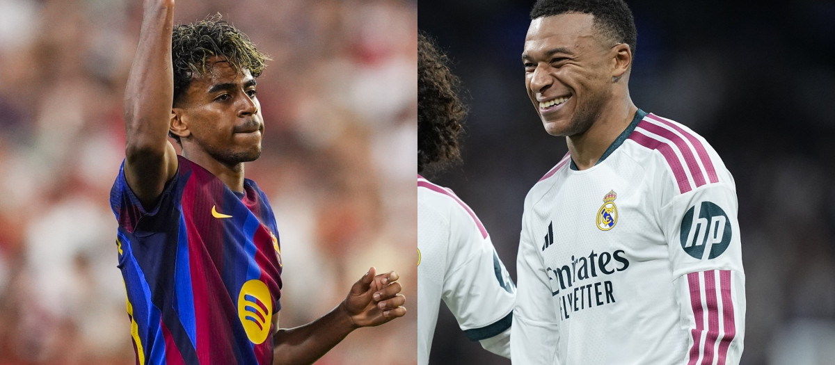 El extremo español del FC Barcelona Lamine Yamal y el delantero francés del Real Madrid Kylian Mbappé