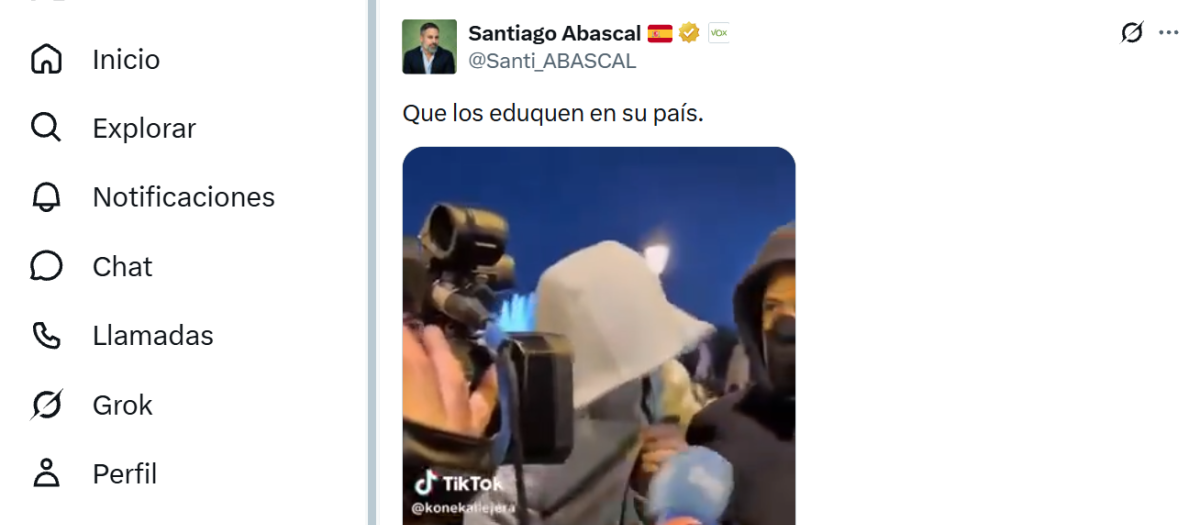 Mensaje de Santia Abascal en su cuenta de X sobre los disturbios en Barcelona