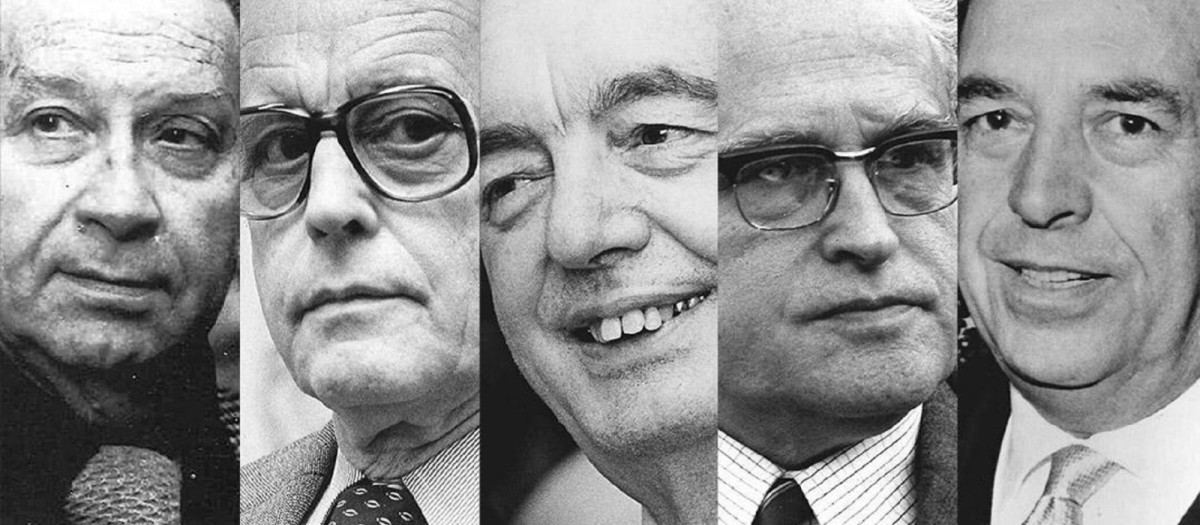 Lluís Carulla i Canals, Joan Baptista Cendrós i Carbonell, Fèlix Millet i Maristany, Joan Vallvé i Creus y Pau Riera i Sala, fundadores de Òmnium Cultural