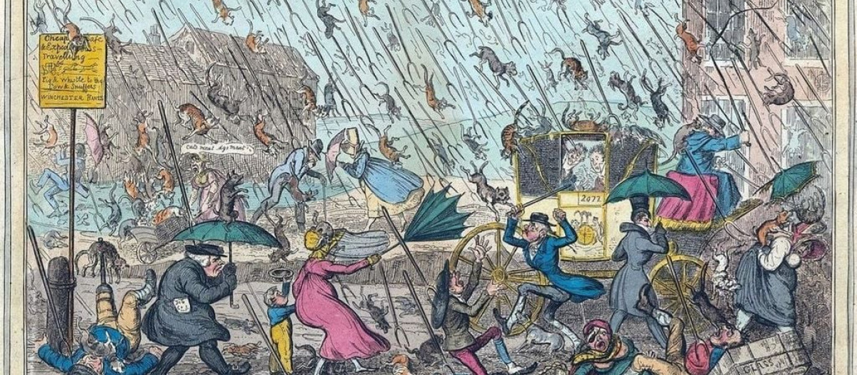 Grabado de George Cruikshank (1792-1878), del año 1835. En el pie se puede leer: “Tiempo muy desagradable, o lo que certifica el viejo refrán: 'llueven gatos, perros y horcas'