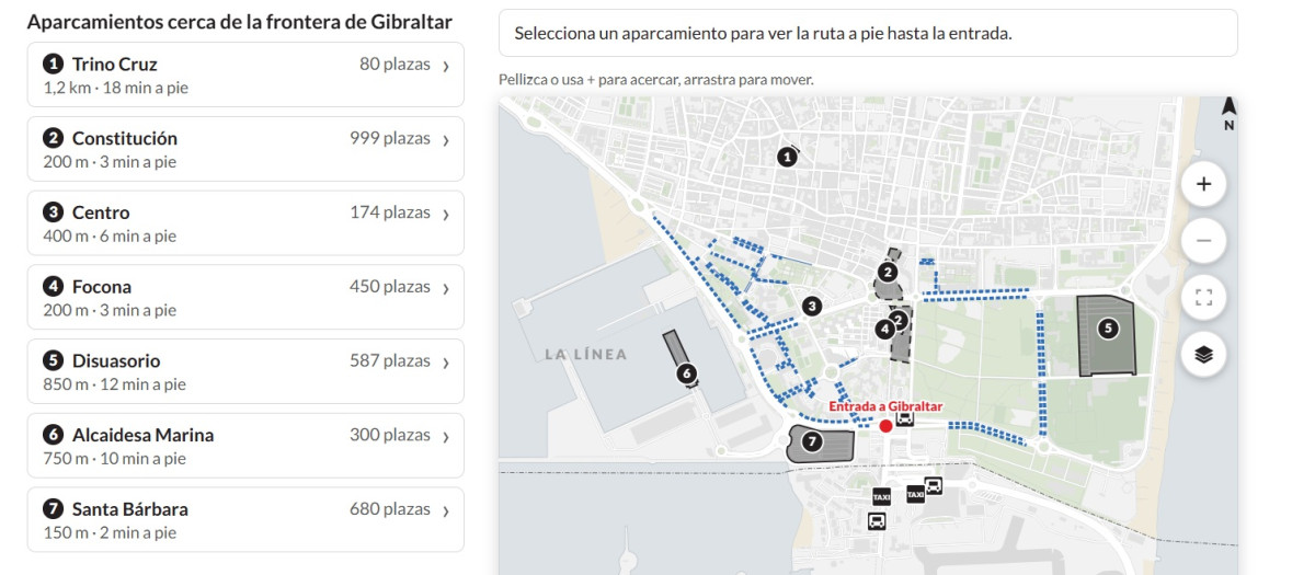 Vista del mapa interactivo con los siete aparcamientos identificados por Gibraltar en La Línea