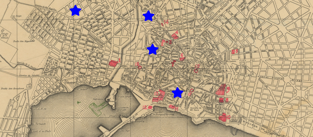 Mapa republicano con los objetivos militares de Palma. Las estrellas son los colegios bombardeados. AMGAV, M 1662, 17