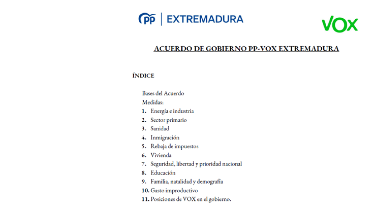 Lea los puntos del acuerdo entre PP y Vox para un gobierno en Extremadura