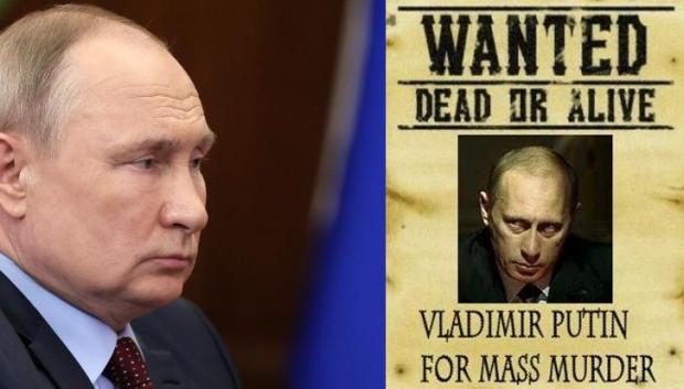 Vladimir Putin junto al cartel con la oferta por su captura