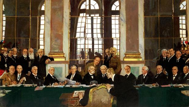 Firma del Tratado en la sala de los Espejos del palacio de Versalles el 28 de junio de 1919