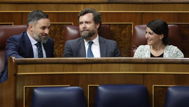 De izquierda a derecha, Santiago Abascal, Iván Espinosa de los Monteros y Macarena Olona, este jueves en el Congreso, durante la sesión de votación del Decreto 'anticrisis' del Gobierno