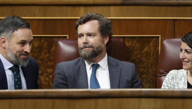 De izquierda a derecha, Santiago Abascal, Iván Espinosa de los Monteros y Macarena Olona, este jueves en el Congreso, durante la sesión de votación del Decreto 'anticrisis' del Gobierno
