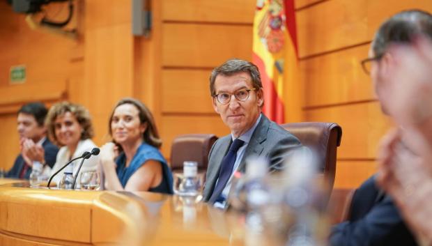 Feijóo durante la reunión con diputados y senadores del PP