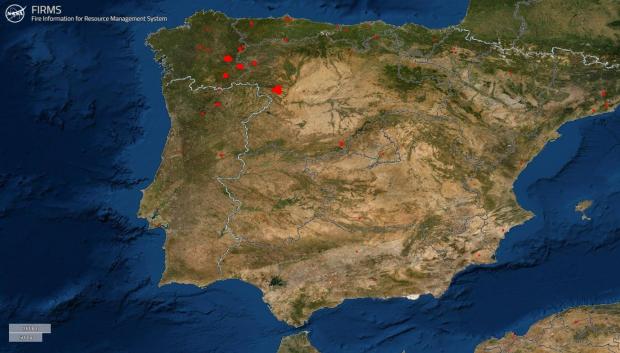 Mapa de los incendios activos en la Península Ibérica