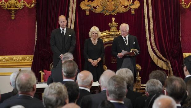 From left, Britain's Prince William, Camilla the Queen Consort and King Charles III during the Accession Council at St James's Palace, London, Saturday, Sept. 10, 2022, where King Charles III is formally proclaimed monarch. (Jonathan Brady/Pool Photo via AP) *** Local Caption *** .