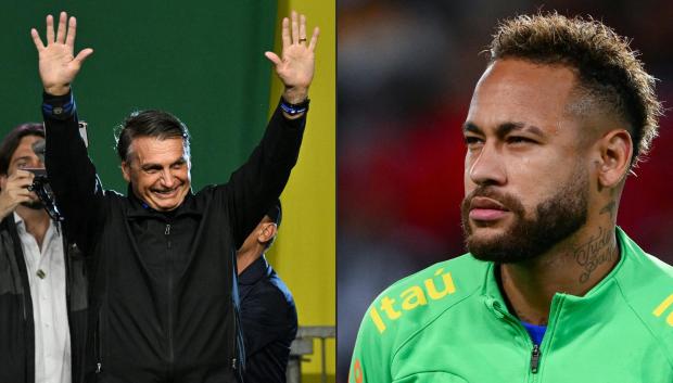 (FILES) This file Combo of photos made on September 30, 2022, shows Brazilian President and re-election candidate Jair Bolsonaro (L) greeting supporters during a rally in Santos on September 27, 2022, and Brazil's forward Neymar (R) standing before the start of a friendly football match in Paris on September 27, 2022. - The flag and the 'verde-amarela' (green-yellow) T-shirt became symbols of the ultra-right-wing president Jair Bolsonaro, who will face the leftist former president Luiz Inácio Lula da Silva on the ballot on October 30, 2022. Lula has set out to "rescue" the flag and the mantle of the 'Seleção' (Brazil national football team) from the "kidnapping" of bolsonarism, a crusade joined by stars such as singer Anitta. (Photo by NELSON ALMEIDA and Anne-Christine POUJOULAT / AFP)