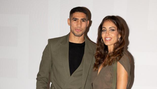 Achraf Hakimi and Hiba Abouk at Balmainshow during Paris Fashion Week in Paris, Wednesday, Sept. 29, 2021.