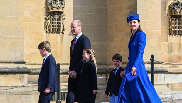 Prince William of Wales Kate Middleton with Prince George of Wales, , Princess Charlotte of Wales, Prince Louis of Wales during the Easter Day service in Windsor, England on 09 Apr 2023