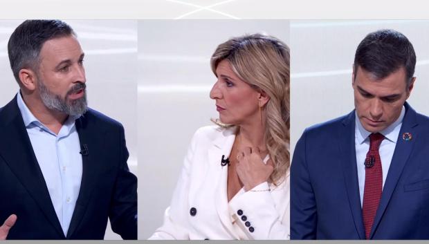 Santiago Abascal, Yolanda Díaz y Pedro Sánchez durante el debate a tres