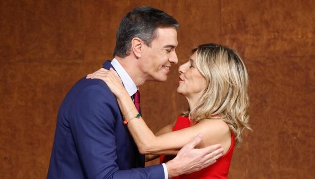 Spanish President Pedro Sanchez durand minister Yolanda Diaz during " España Avanza " investiture agreement between PSOEandSumar in Madrid on Tuesday, 24 October 2023.