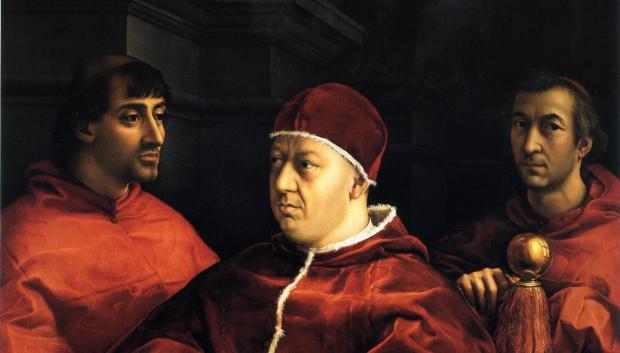 León X con sus primos Giulio de' Medici (izquierda, después papa Clemente VII) y Luigi de' Rossi (derecha), a los que nombró cardenales