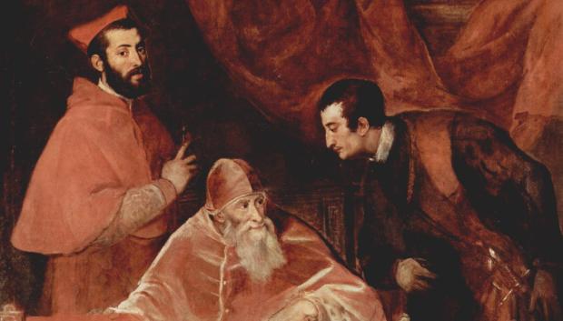 Paulo III con su cardenal nepote Alessandro Farnese (izquierda) y su otro nieto (derecha), Ottavio Farnese
