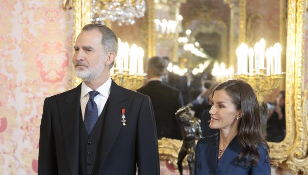 Spanish King Felipe VI and Queen Letizia Ortiz during a reception with the diplomatic corps accredited in Madrid on Wednesday , 31 January 2024.