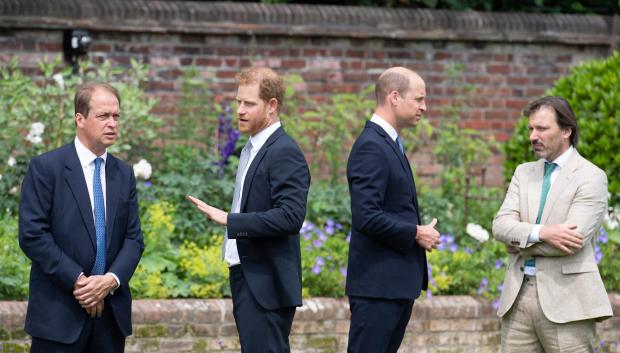 (left to right) Guy Monson, a member of the statuecommittee, Prince Harry, Prince William and Pip Morrison, during the Unveiling of Princess Dianastatue, Kensington Palace, London, UK - 01 Jul 2021