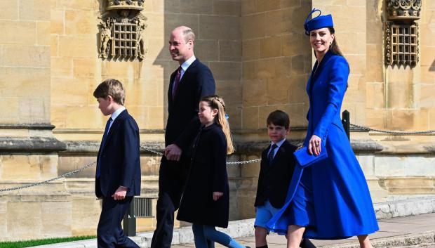 Prince William of Wales and Kate Middleton with Prince George, Princess Charlotte of Wales, Prince Louis of Wales, during the Easter Day service in Windsor, England on 09 Apr 2023