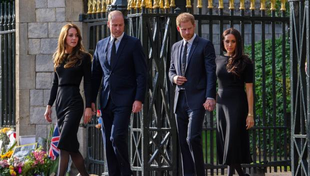 Britain's Prince William and Kate Middleton , Princess of Wales, with Britain's Prince Harry  and Meghan Markle , Duchess of Sussex following the death of Queen Elizabeth II in Windsor, England, Saturday, Sept. 10, 2022.