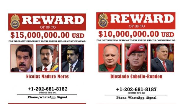 Carteles de la DEA de EE.UU. ofreciendo recompensa por la captura de Nicolás Maduro y Diosdado Cabello