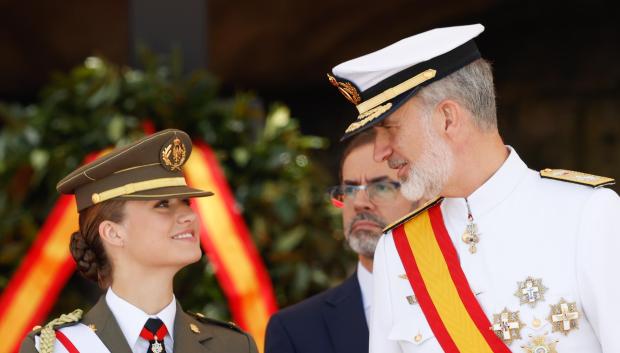 Spanish King Felipe VI and princess Leonor de Borbon attending the Flag Pledge (Jura de Bandera and entrega de Despachos de empleo) ceremony Marin Naval Military Academy in Marin, Pontevedra on Tuesday, 16 July 2024.