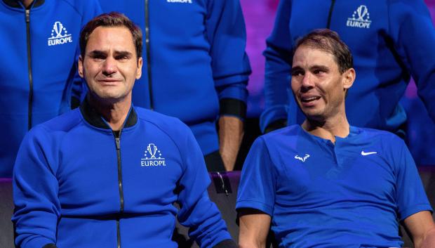 Team Europe's Roger Federer and Rafael Nadal during 2022 Laver Cup doubles match in London, Friday, Sept. 23, 2022.