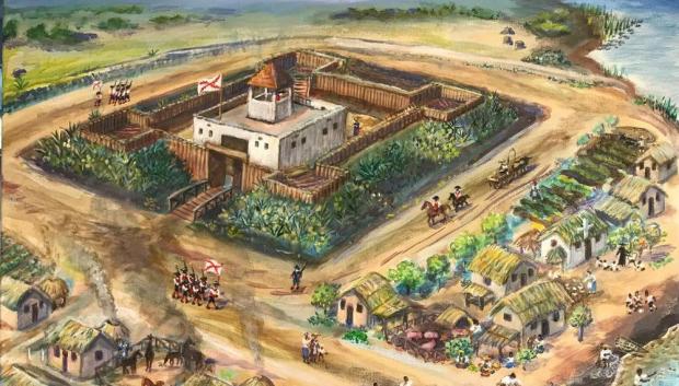 Pintura de la artista Nancy Christensen sobre el aspecto que podría haber tenido Fort Mose en 1738.