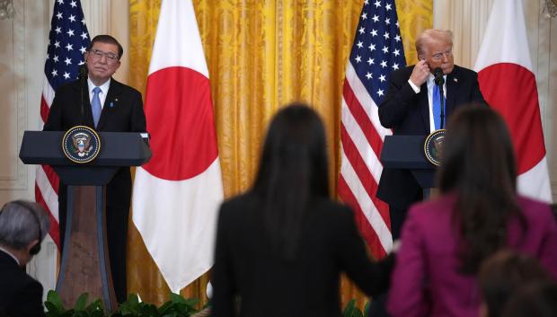 WASHINGTON, DC - FEBRUARY 07: U.S. President Donald Trump and Japanese Prime Minister Shigeru Ishiba hold a joint press conference in the East Room at the White House on February 07, 2025 in Washington, DC. Shigeru, who took office in October, is the first Asian leader to visit Trump since he returned to the White House last month.   Andrew Harnik/Getty Images/AFP (Photo by Andrew Harnik / GETTY IMAGES NORTH AMERICA / Getty Images via AFP)