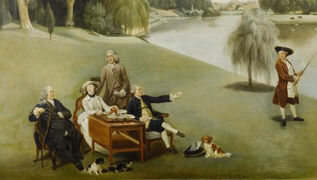 Detalle del cuadro El señor y la señora Garrick tomando el té en el jardín de Hampton House. 1762. De Johann Zoffany