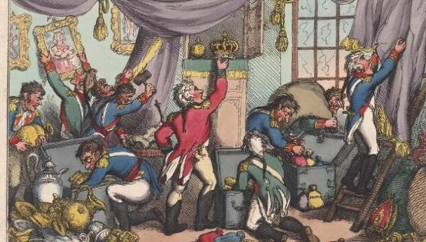 Caricatura inglesa que muestra a la camarilla de José Bonaparte saqueando los objetos de valor antes de abandonar Madrid en 1808