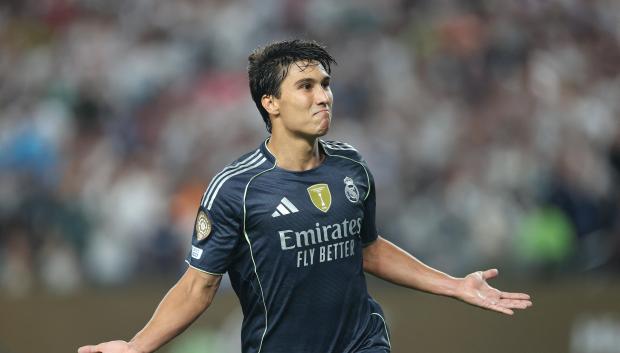 Gonzalo García, celebrando un gol en un partido con el Real Madrid