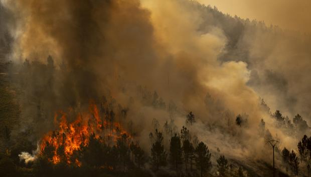 CHANDREXA DE QUEIXA (OURENSE), 09/08/2025.- El incendio forestal en Chandrexa de Queixa (Ourense) sigue avanzando, este sábado, con 450 hectáreas afectadas y, además, se mantienen activos otros dos incendios en Galicia y hay tres más controlados.EFE/ Brais Lorenzo