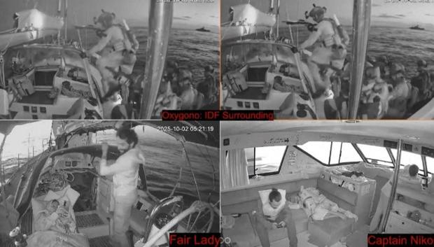 This video grab taken from a livestream broadcasted on October 2, 2025 by the Global Sumud Flotilla shows Israeli navy soldiers (up) boarding the vessel 'Oxygono', one of the Sumud flotilla boats, aiming at breaking the Israeli blockade of the Gaza Strip. Israel said on October 2, 2025 it will deport pro-Palestinian activists on an aid flotilla intercepted at sea as they headed towards Gaza, adding that none of the vessels had successfully breached its maritime blockade. According to Greek Foreign Minister George Gerapetritis, 39 of the around 45 ships have been intercepted and were headed to the Israeli port city of Ashdod, according to state broadcaster ERT. (Photo by Handout / Global Sumud Flotilla / AFP) / RESTRICTED TO EDITORIAL USE - MANDATORY CREDIT "AFP PHOTO / GLOBAL SUMUD FLOTILLA" - HANDOUT - NO MARKETING NO ADVERTISING CAMPAIGNS - DISTRIBUTED AS A SERVICE TO CLIENTS