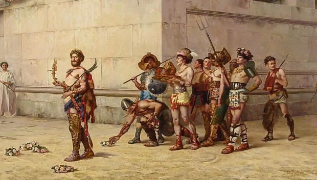 El emperador Cómodo abandonando la arena al frente de los gladiadores, obra de Edwin Blashfield