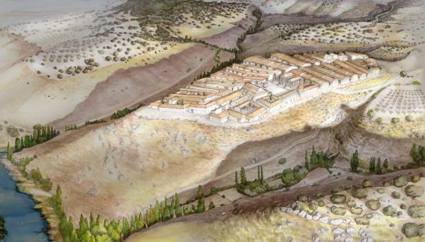 Reconstrucción de cómo pudo ser la ciudad romana de Caraca. Obra de Miguel Zorita para la exposición "Caraca, la ciudad perdida" (Museo de Guadalajara)