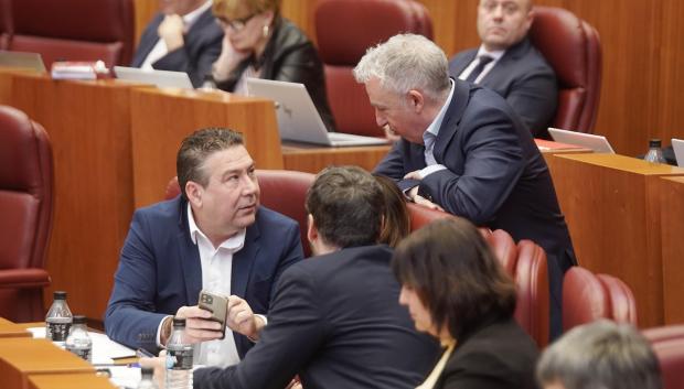 Luis Mariano Santos, de la UPL, y Ángel Ceña, de Soria Ya, durante el Pleno de las Cortes, en una imagen de archivo