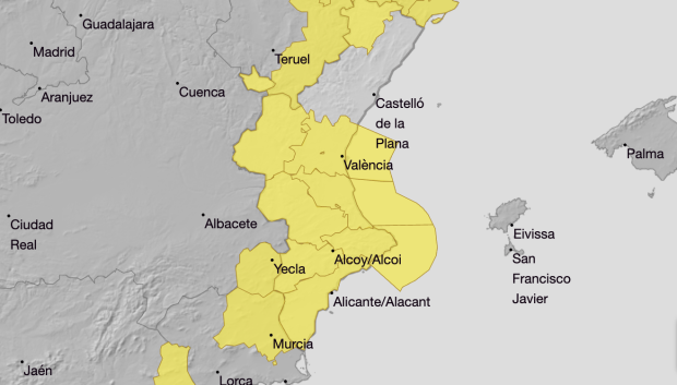 Mapa con los avisos previstos por Aemet por vientos este lunes 16 de febrero en la Comunidad Valenciana.