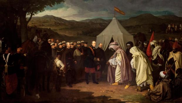 La obra representa la firma del Tratado de Wad-Ras, que fue suscrito por España y Marruecos el día 23 de marzo de 1860